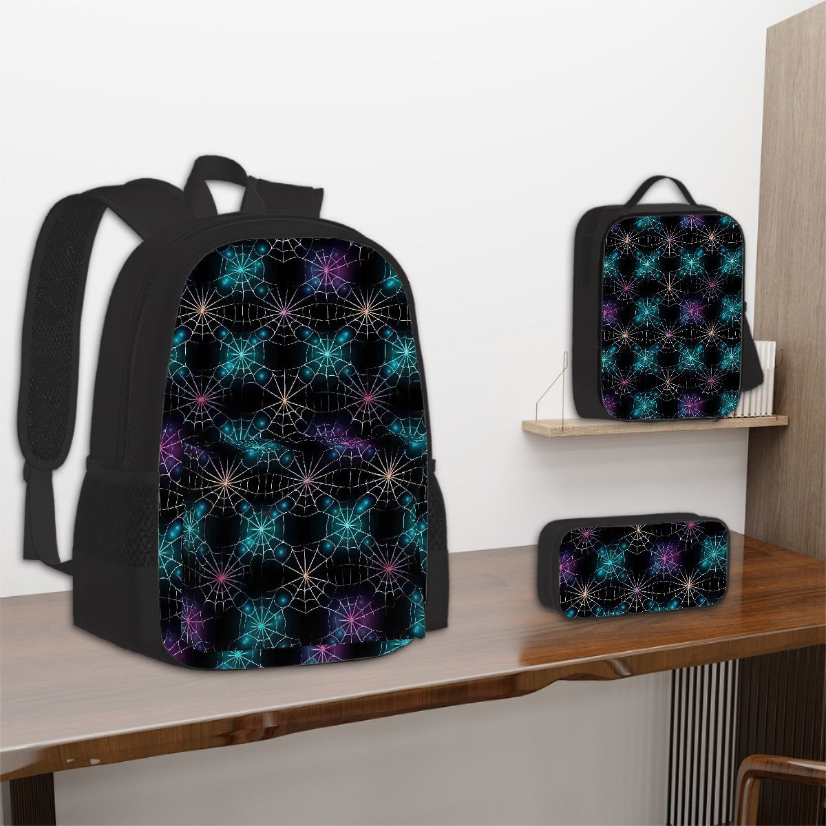 Colored Spiderwebs, 3 Piece Bag Set – Oxford Backpack, Lunch Bag, Pencil Pouch