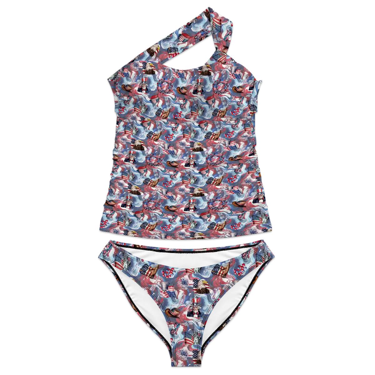 8 Patriotic Designs, Women One Shoulder Tankini, Two Piece, Unicorn, Cats, Dogs, Eagles