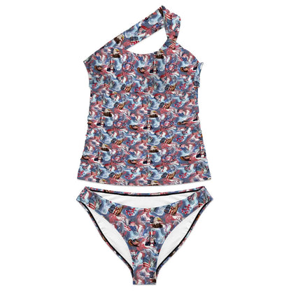 8 Patriotic Designs, Women One Shoulder Tankini, Two Piece, Unicorn, Cats, Dogs, Eagles