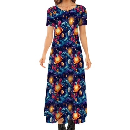 12 BEAUTIFUL Outer Space Designs, Crew Neck Short Sleeve Maxi Dress