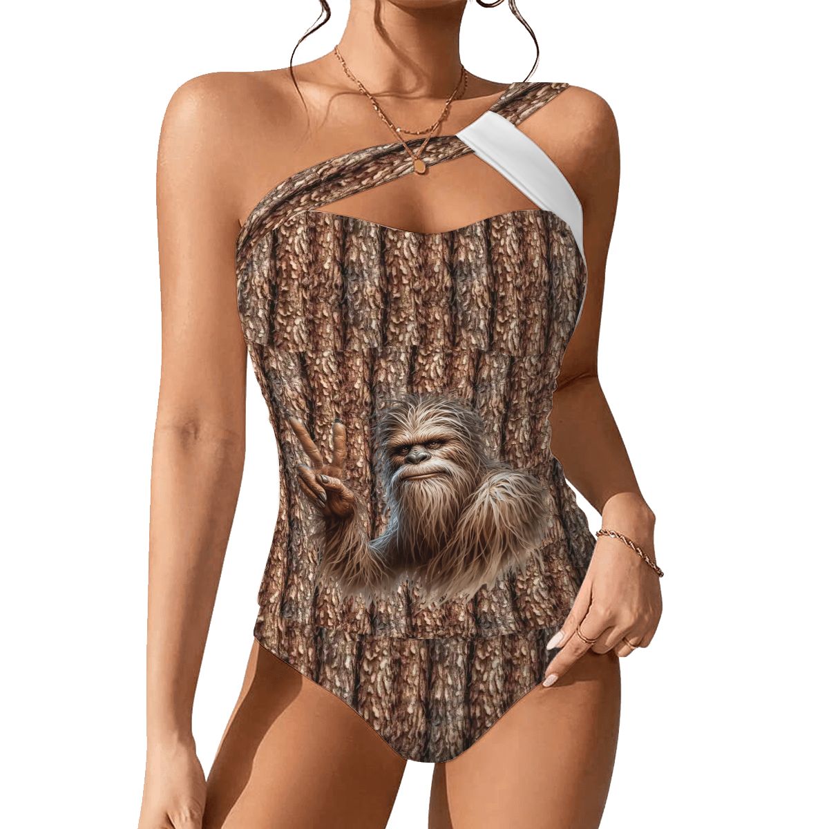 Peace Bigfoot, Sasquatch, Women One Shoulder Tankini, Two Piece