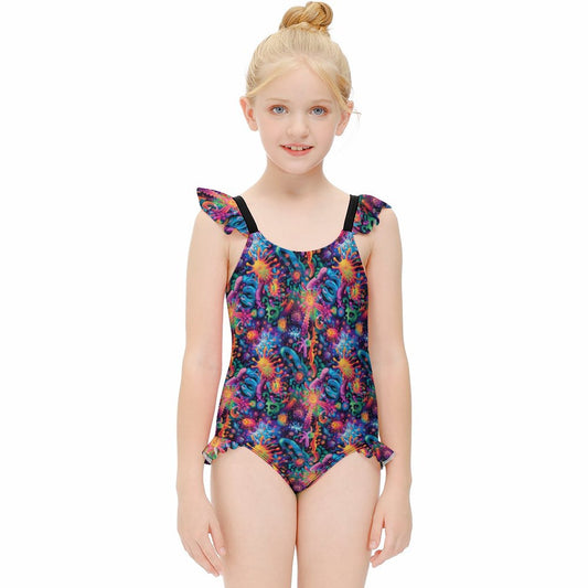 10 Psychedelic Designs, Girls One-Piece Summer Swimsuit, Ruffle Shoulder