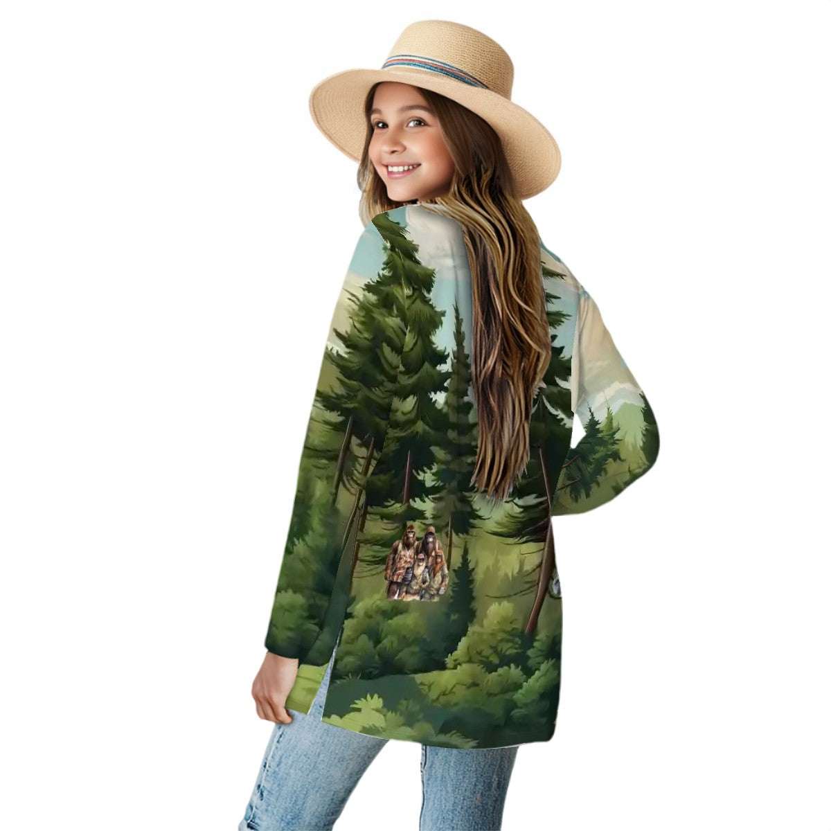 Bigfoot Sasquatch Families in Woods, Women's Long-Sleeved Cardigan