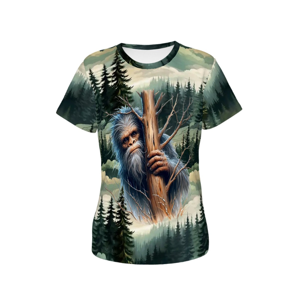 Bigfoot, Sasquatch, In The Woods, Women’s Polyester Short Sleeve T-Shirt