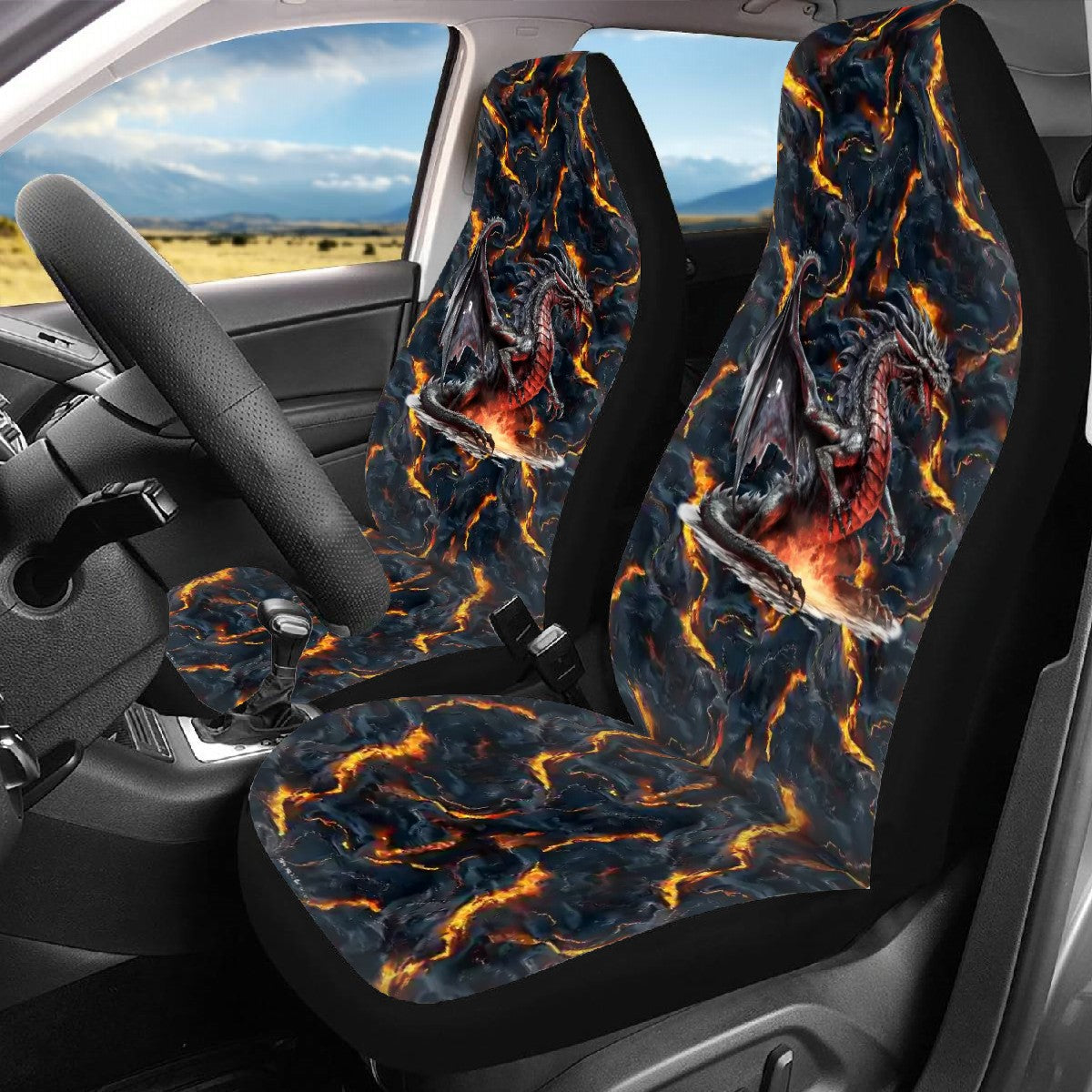 Fire Dragon on Lava, Car Seat Covers, Full 7 Piece Set