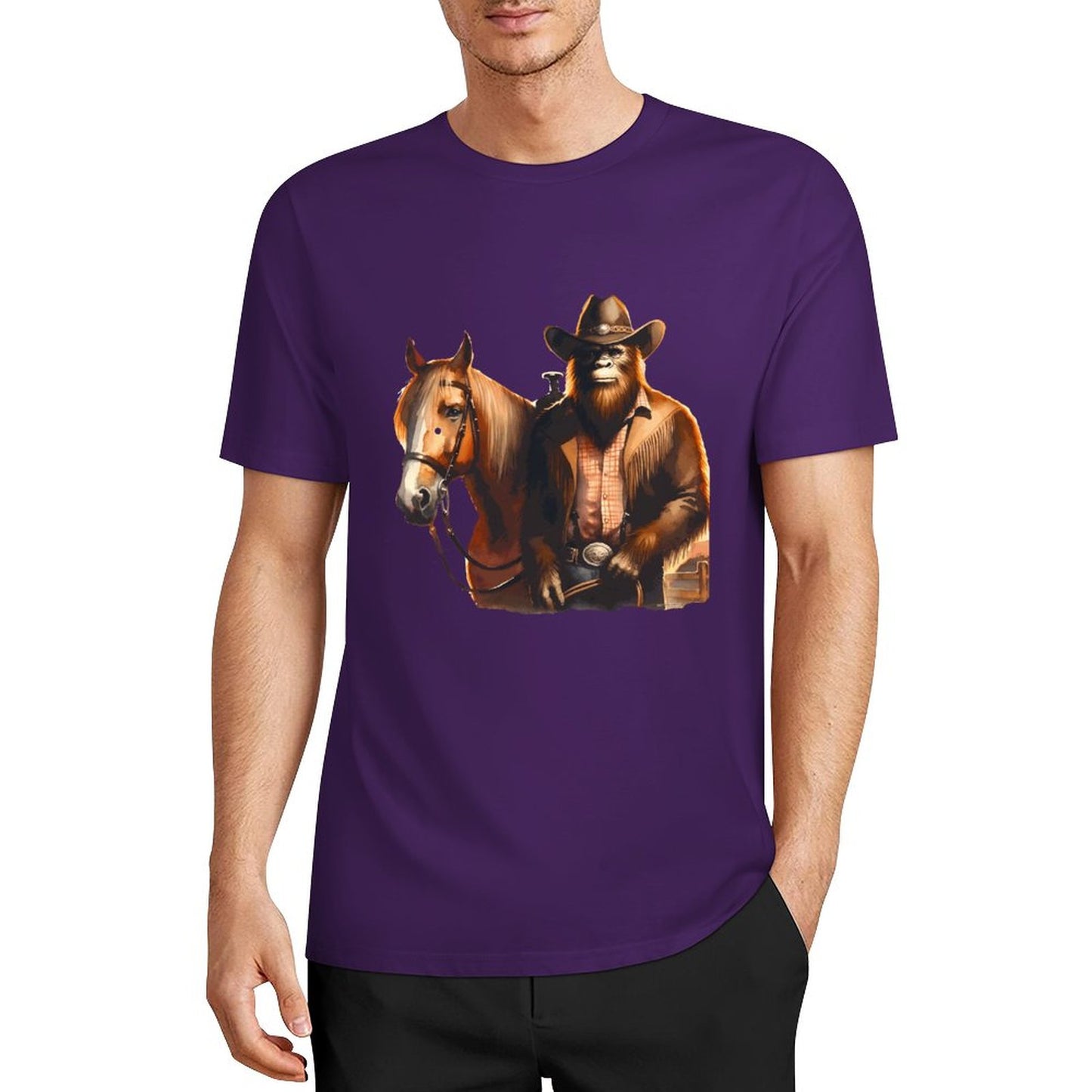 Bigfoot - Sasquatch Cowboy w Horse Short Sleeve Cotton T-Shirt