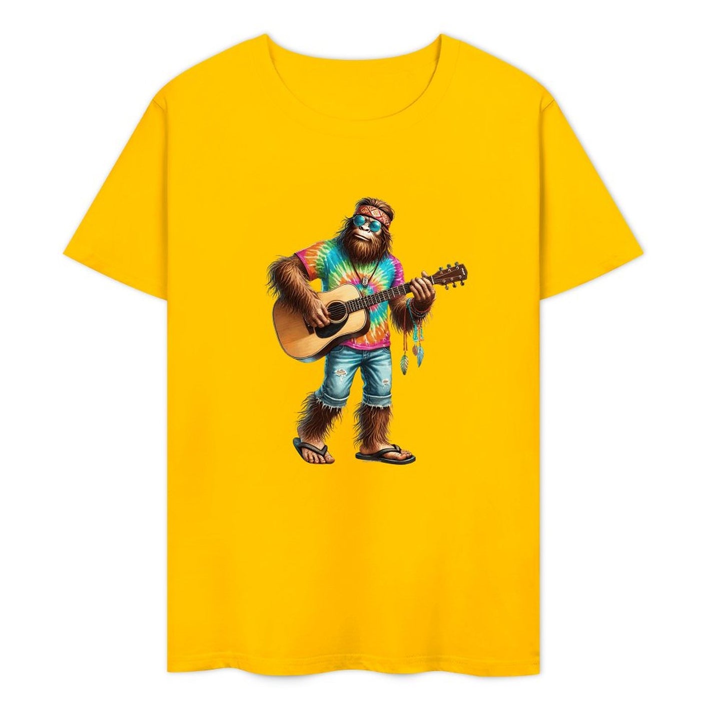 Bigfoot - Sasquatch Hippie Play Guitar Short Sleeve Cotton T-Shirt