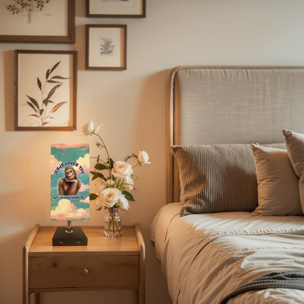 Bigfoot / Sasquatch "Jesus loves you..", Square Table Lamp with USB Ports, Charger