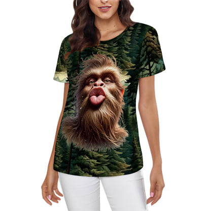 Bigfoot Blowing Kiss, Sasquatch, Women’s Polyester Short Sleeve T-Shirt