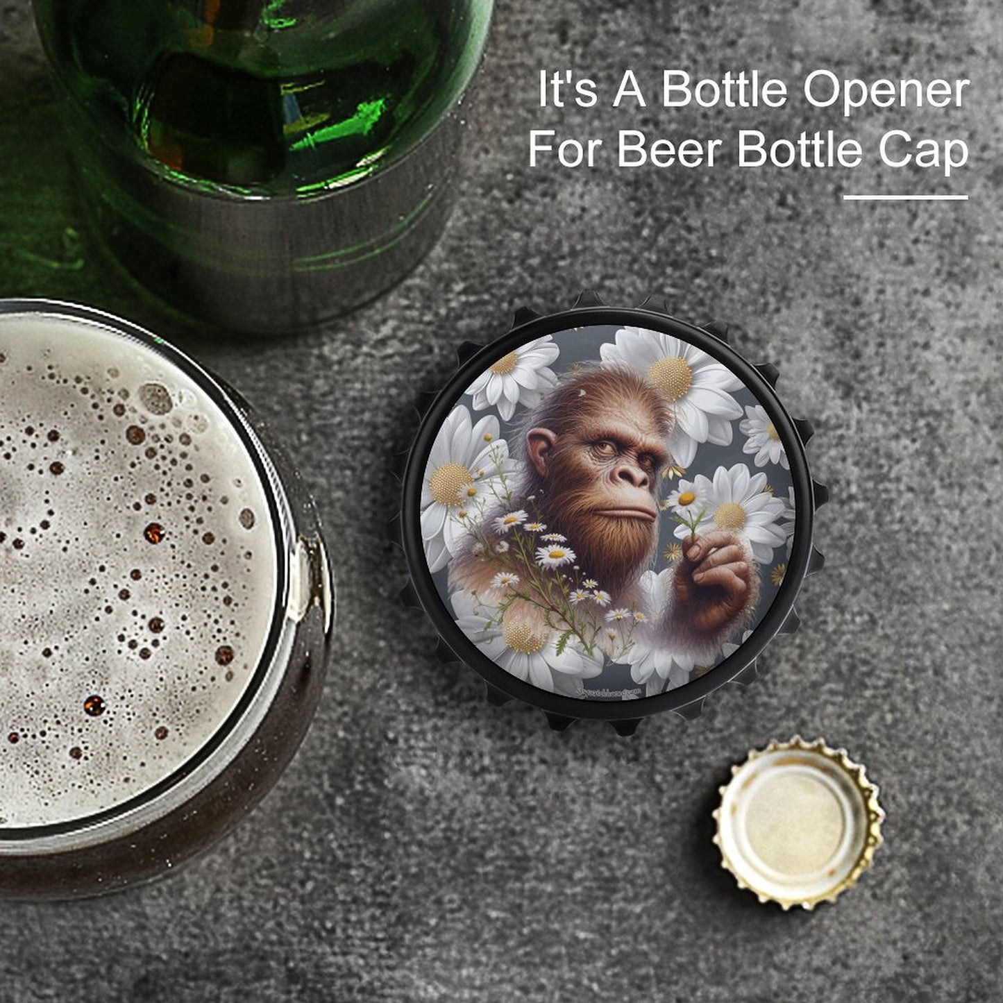 Bigfoot / Sasquatch Daisies, 3” Magnetic Can Opener / Coaster / Fridge Decor