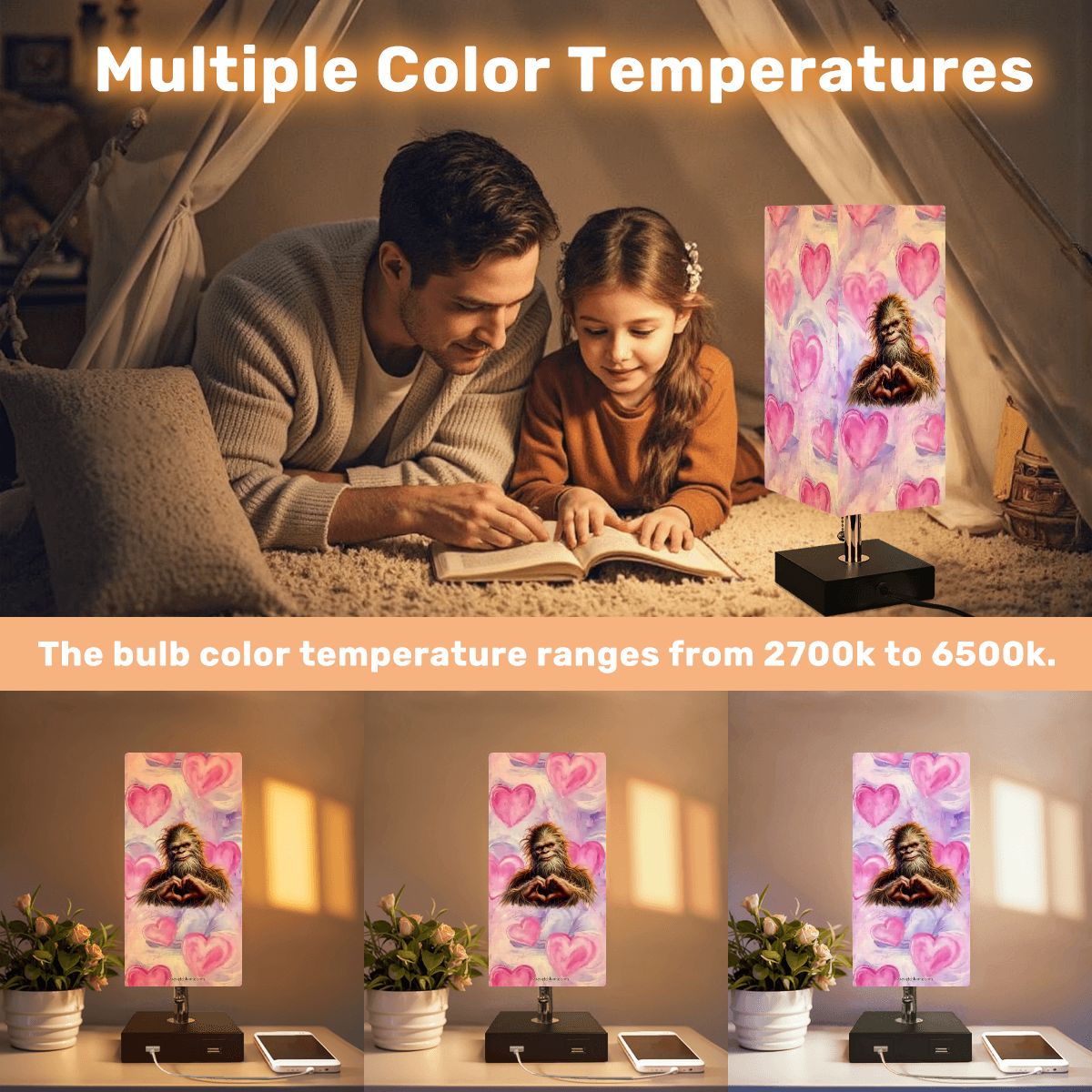 Bigfoot / Sasquatch Love, Square Table Lamp with USB Ports, Charger