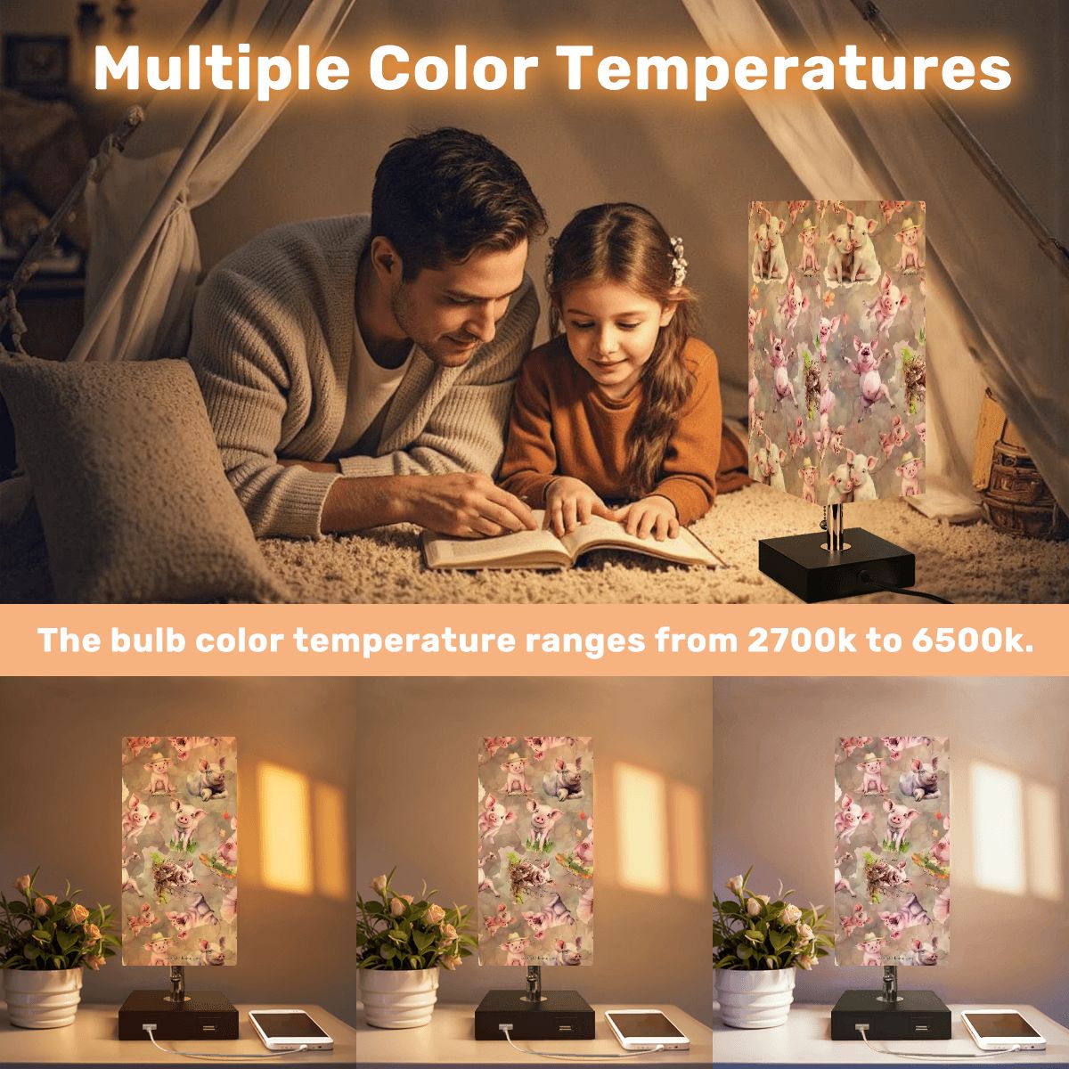 10 Animal Designs, Square Table Lamp with USB Ports, Charger