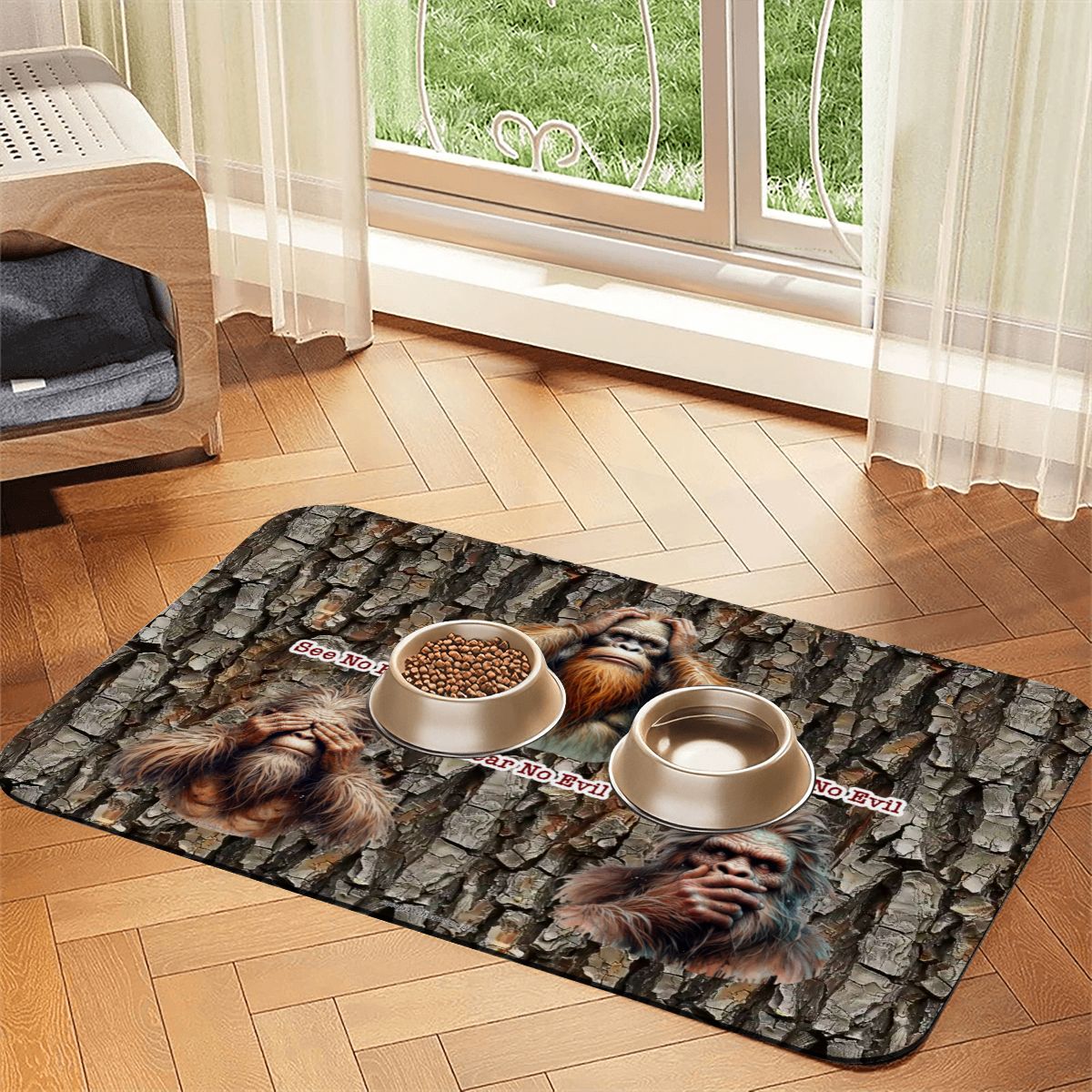 Bigfoot / Sasquatch, "See no evil..", Waterproof Pet Food Mat