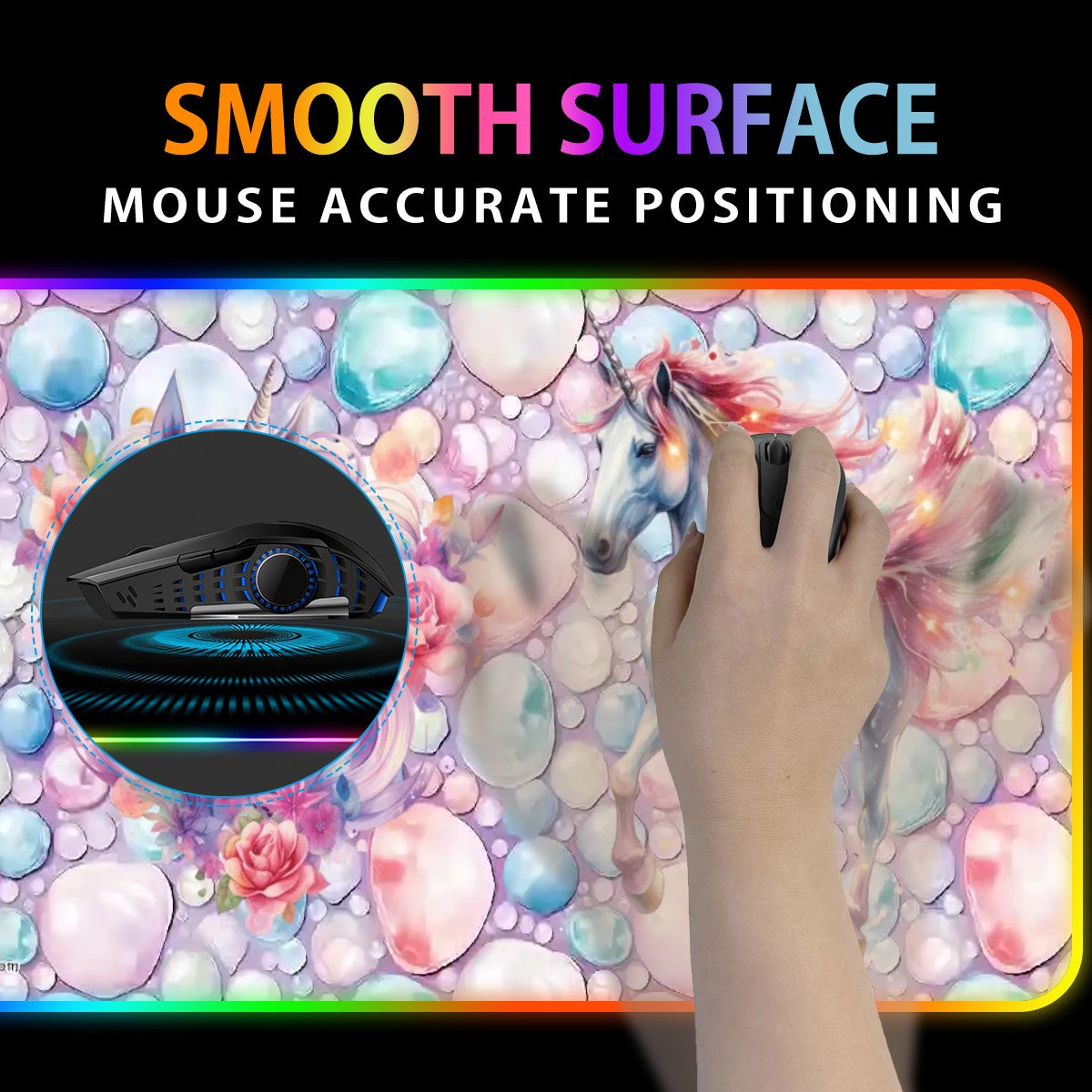 Unicorn Magic, Wireless Charging Gaming Mouse Pads / Mat With Lights - 2 Sizes