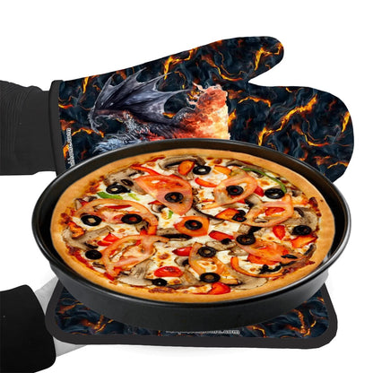 Set of 2 Oven Mitt and Pot Holder - Dragon On Lava