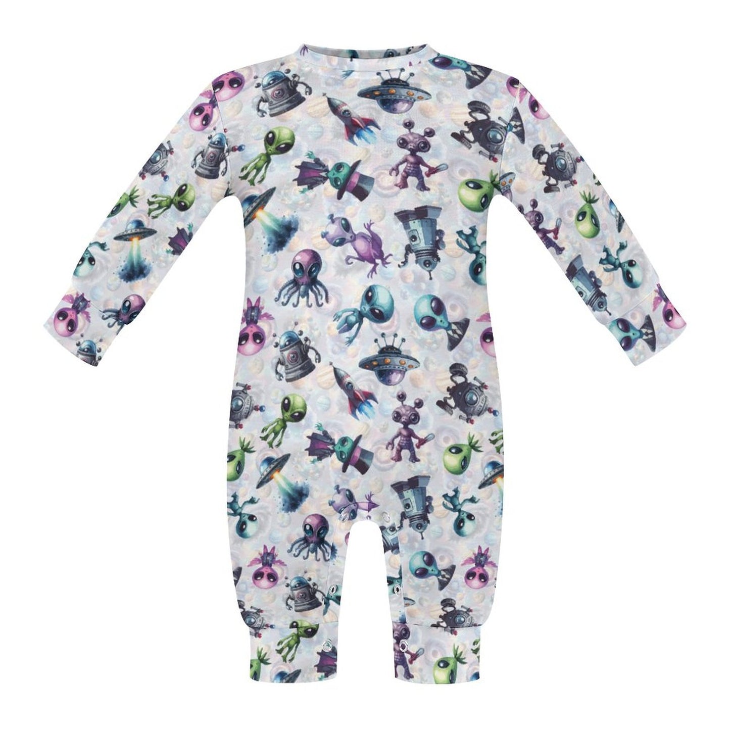 6 Alien Designs, Long Sleeve Baby / Toddler Romper, Faux Cotton