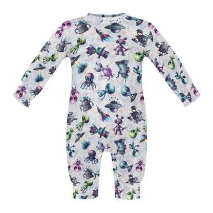 6 Alien Designs, Long Sleeve Baby / Toddler Romper, Faux Cotton