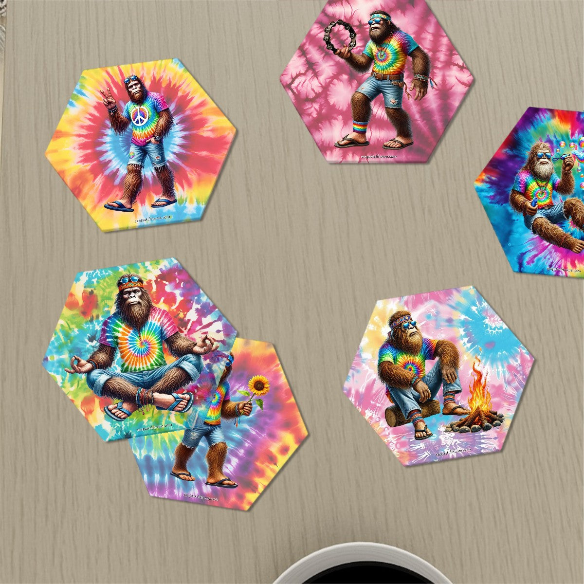 Hippie Bigfoot / Sasquatch, 6 Ceramic Coasters w metal stand