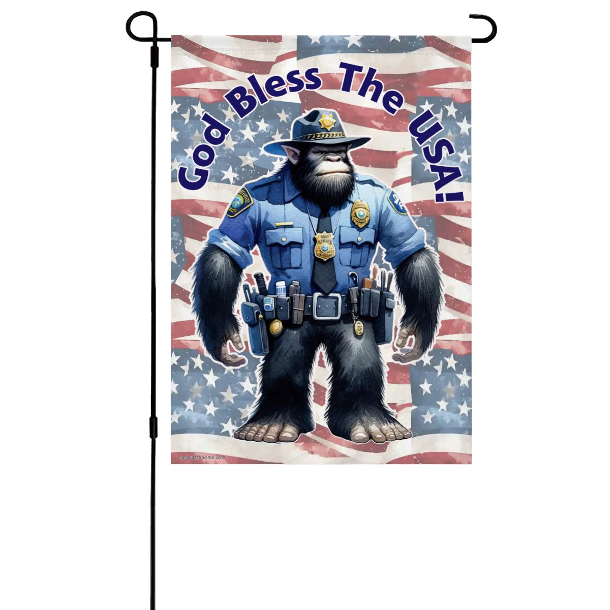 Police Officer Bigfoot Sasquatch Garden Flag 12"x18" (Made in USA) God Bless the USA