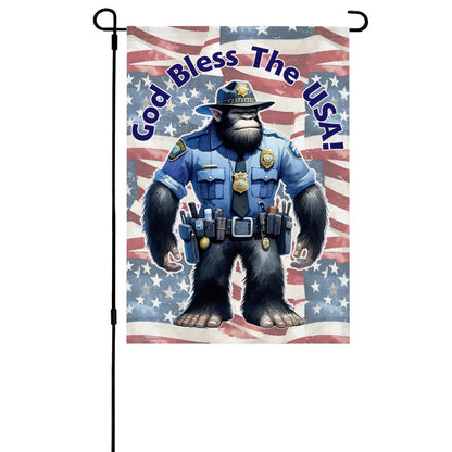 Police Officer Bigfoot Sasquatch Garden Flag 12"x18" (Made in USA) God Bless the USA