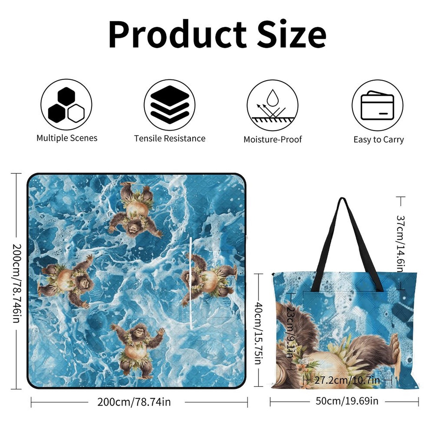 Hula Beach Sasquatch Zipper Foldable Picnic Mat- 79"x79"/200x200cm