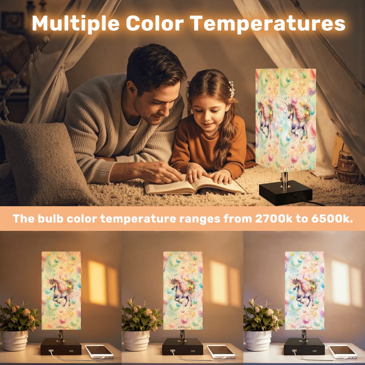 Unicorns & Bubbles, Square Table Lamp with USB Ports, Charger