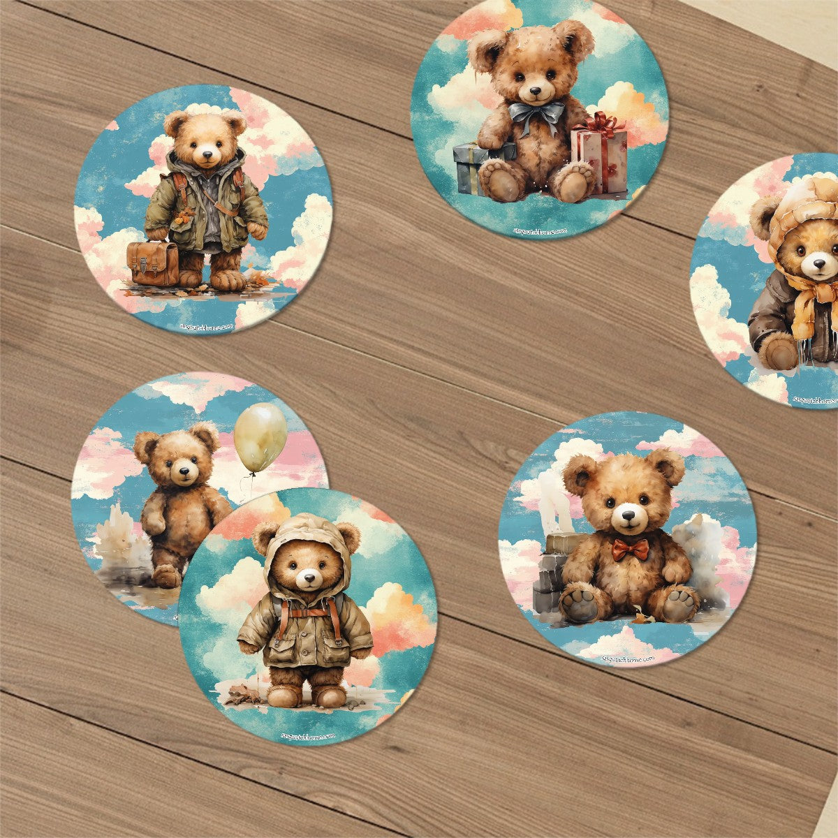 Teddy Bear Theme, 6 Ceramic Coasters w metal stand