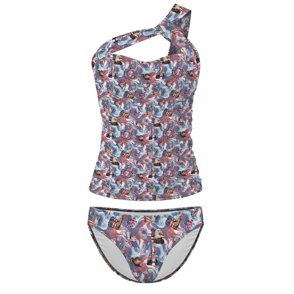 8 Patriotic Designs, Women One Shoulder Tankini, Two Piece, Unicorn, Cats, Dogs, Eagles