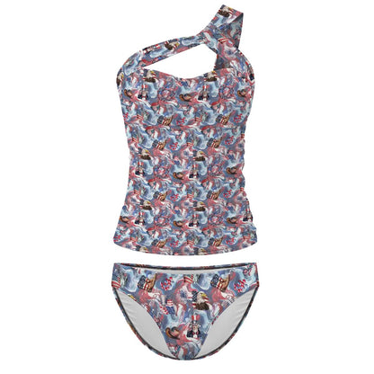 8 Patriotic Designs, Women One Shoulder Tankini, Two Piece, Unicorn, Cats, Dogs, Eagles