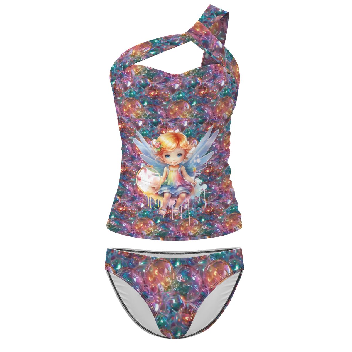Baby Angel on Bubbles, Women One Shoulder Tankini, Two Piece