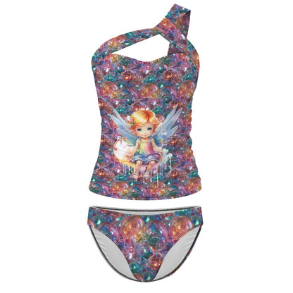 Baby Angel on Bubbles, Women One Shoulder Tankini, Two Piece