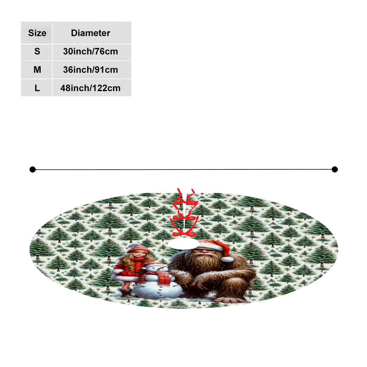 Sasquatch Santa Bigfoot w Girl, Plush Christmas Tree Skirt – 3 Sizes