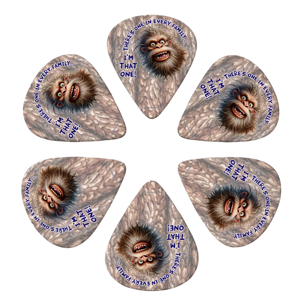 6 Guitar Picks with Keychain Snap Pick Wallet- Sasquatch Bigfoot "There's on in.."  – 3 Thicknesses