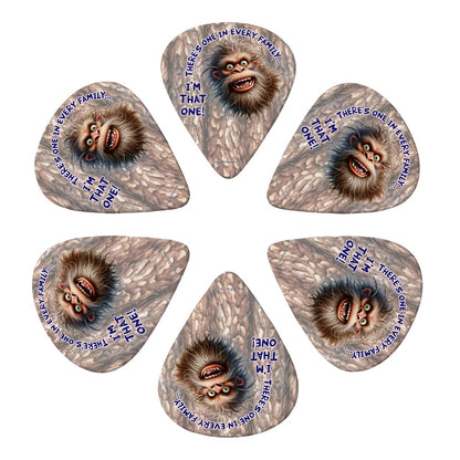 6 Guitar Picks with Keychain Snap Pick Wallet- Sasquatch Bigfoot "There's on in.."  – 3 Thicknesses