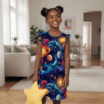 12 Galaxy Space Designs, Girl's Flutter Sleeve Nightgown