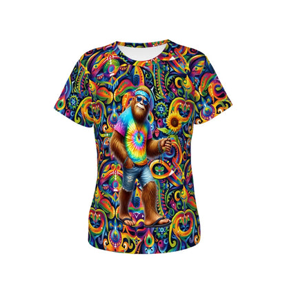 Hippie Bigfoot, Sasquatch, Women’s Polyester Short Sleeve T-Shirt