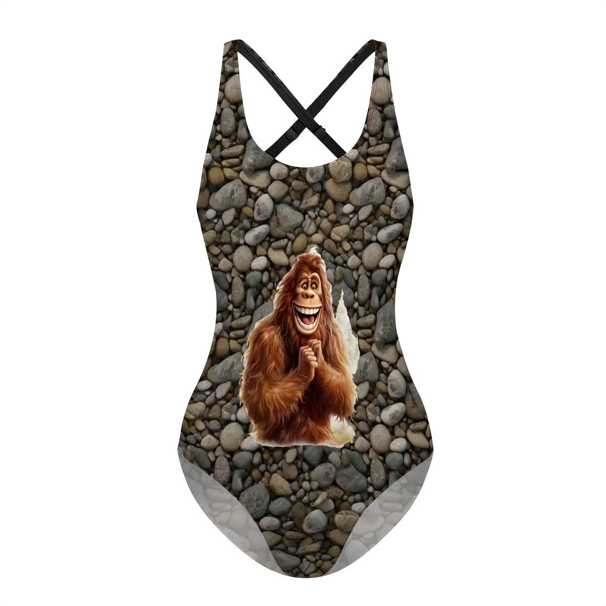 Happy Bigfoot, Sasquatch, Cross-Back One Piece Swimsuit