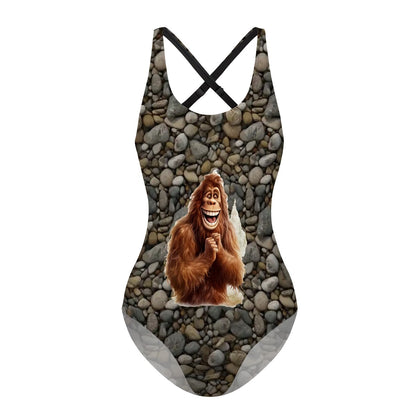 Happy Bigfoot, Sasquatch, Cross-Back One Piece Swimsuit