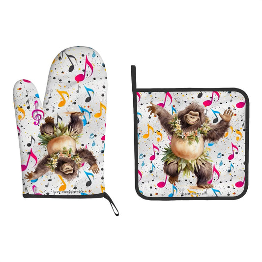 Set of 2 Oven Mitts and Pot Holders - Dancing Sasquatch