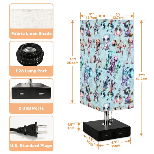 6 Alien Designs, Square Table Lamp with USB Ports, Charger