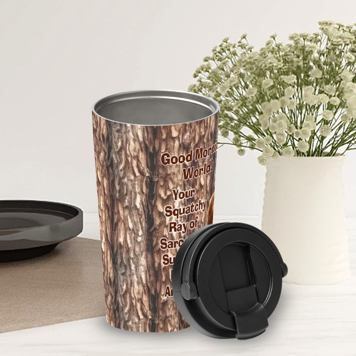 Bigfoot / Sasquatch "Good morning..", 17 oz Insulated Coffee Mug with Lid & Carrying Handle