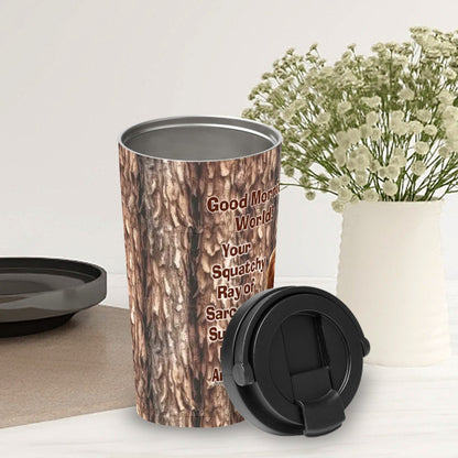 Bigfoot / Sasquatch "Good morning..", 17 oz Insulated Coffee Mug with Lid & Carrying Handle