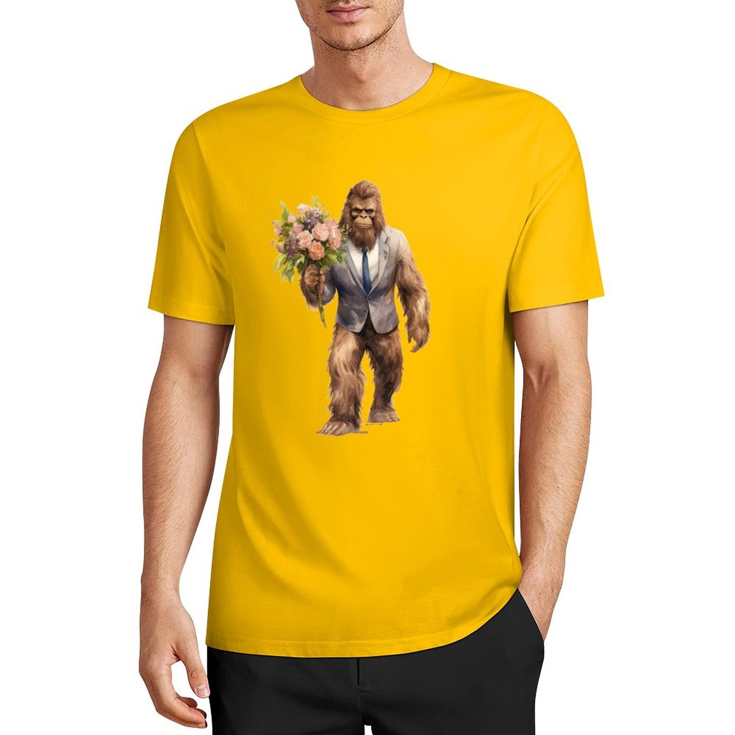 Bigfoot - Sasquatch w Flowers Short Sleeve Cotton T-Shirt