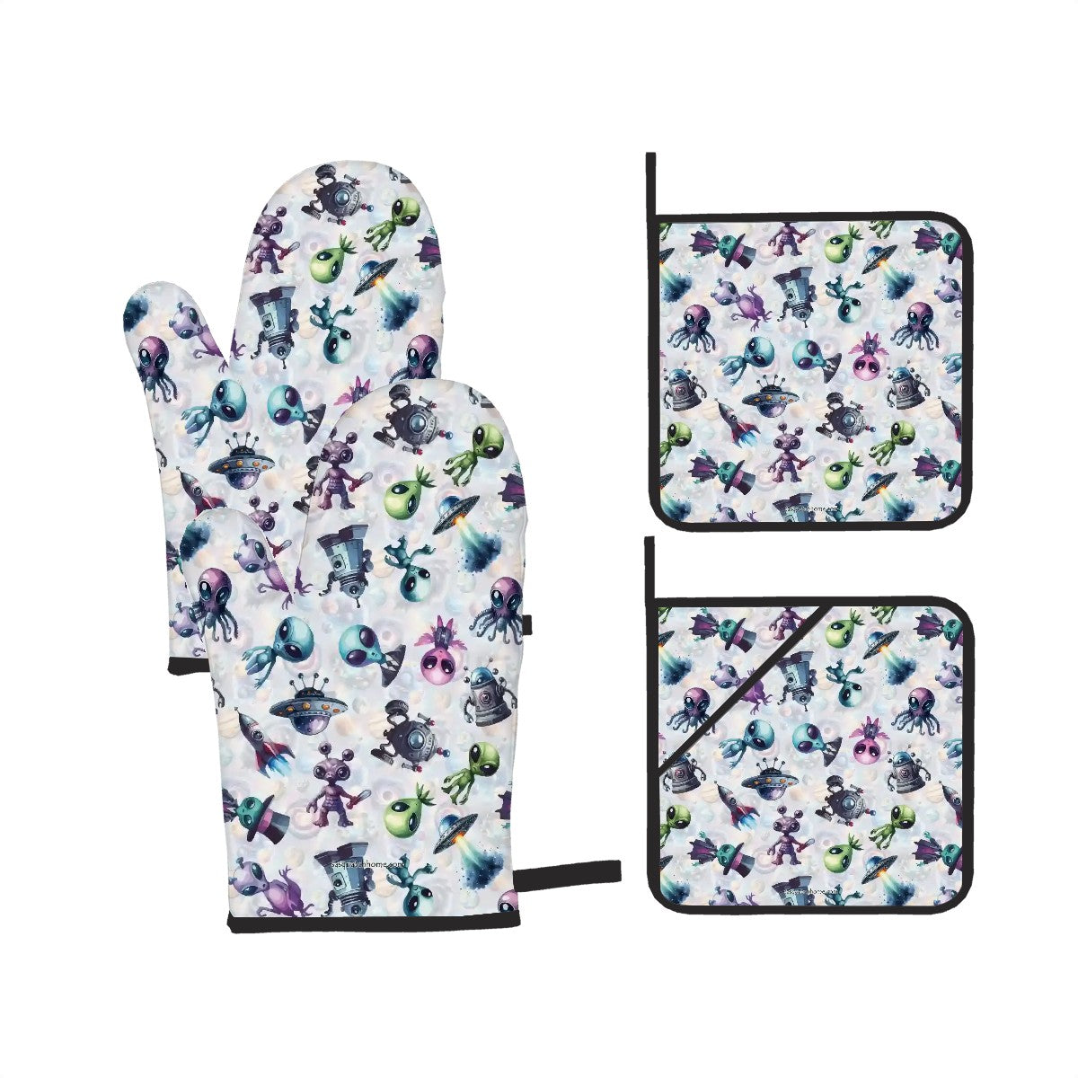 6 Alien Designs, 4 Piece Oven Mitts / Pot Holder Sets