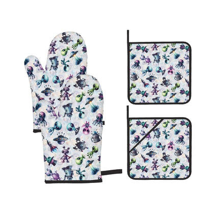 6 Alien Designs, 4 Piece Oven Mitts / Pot Holder Sets