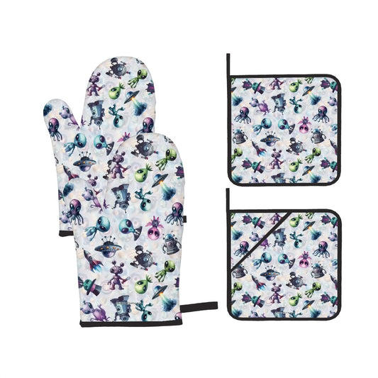 6 Alien Designs, 4 Piece Oven Mitts / Pot Holder Sets