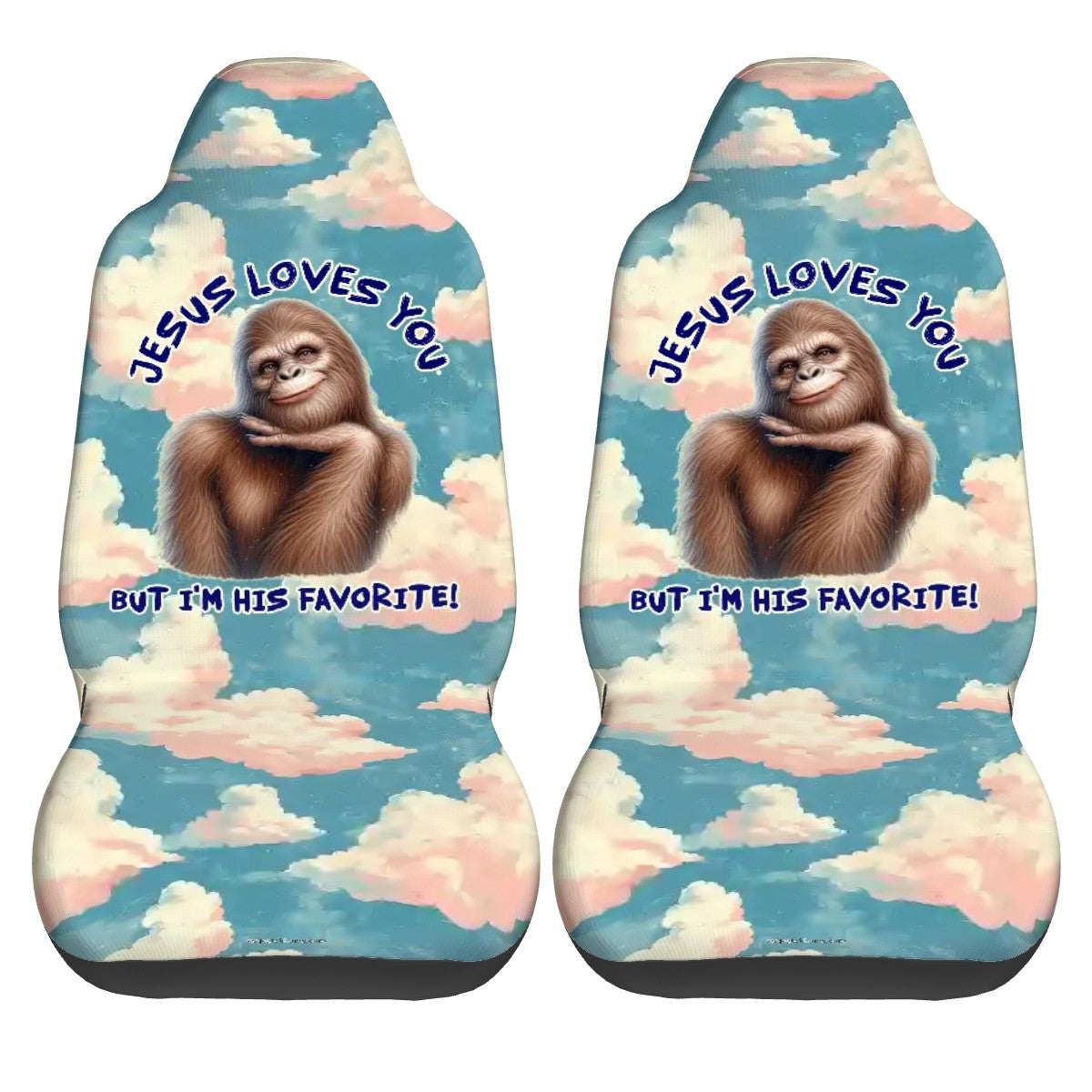 Bigfoot / Sasquatch "Jesus Loves you..", Set of 2 Front Auto Seat Cover