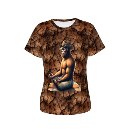 Bigfoot Yoga, Sasquatch, Women’s Polyester Short Sleeve T-Shirt
