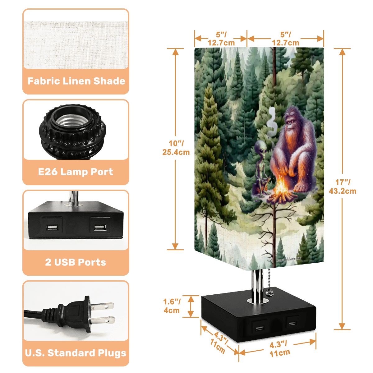 Bigfoot / Sasquatch & Alien, Square Table Lamp with USB Ports, Charger