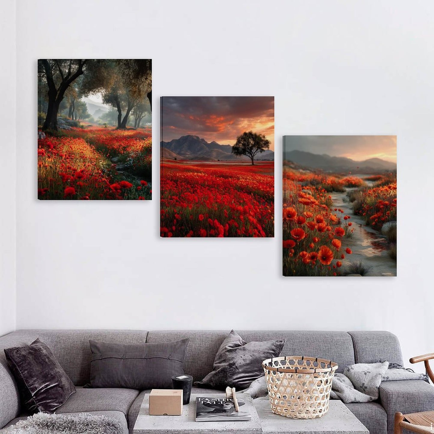 Poppy Fields Canvas Wall Art -16”x 20” (x3) - Made In USA